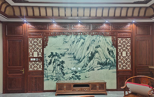 桦南中式仿古别墅客厅背景墙花格木作装饰